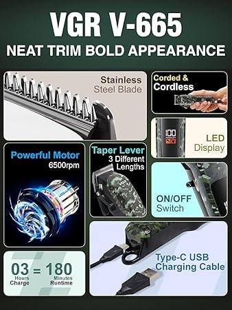 ماكينة تشذيب شعر فى جى ار للرجال، 5 وات، VGR-665 - مموة - عرض بديل